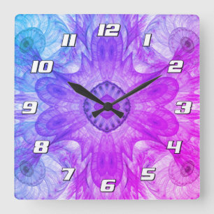 Horloge Carrée Fractale Abstraite Moderne Rose Bleu avec des Nomb