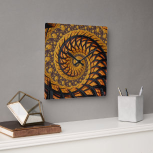 Horloge Carrée Fractale en spirale abstraite noire et or