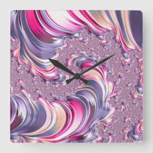 Horloge Carrée Fractale en spirale rose violet abstrait