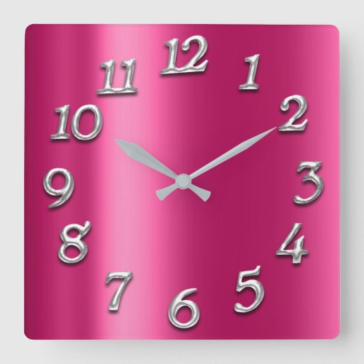 Horloge Carrée Framboise rose métal minimal argent Fuchsia (Recto)