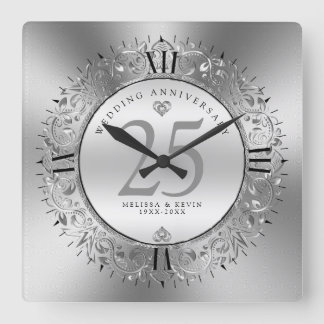 Horloge Carrée Frame circulaire en silve brillante 25e mariage