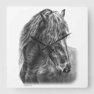 Horloge Carrée Friesian Horse Portrait Wavy Mane