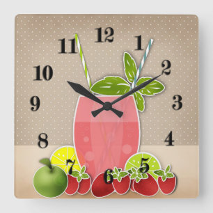 Horloge Carrée Fruits cocktail fraise pomme citron chaux rétro