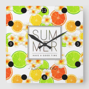 Horloge Carrée Fruits d'été frais et fleurs de plumeria exotique