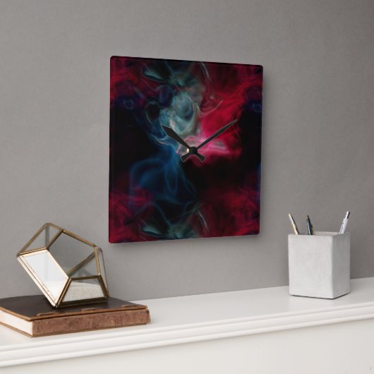 Horloge Carrée fumée rose et bleue abstraite (Bureau)