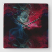 Horloge Carrée fumée rose et bleue abstraite (Recto)