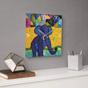Horloge Carrée Fun Baby Elephant - Quilt Like Design