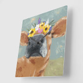 Horloge Carrée Fun de ferme - Vache avec couronne de fleurs (Angle)