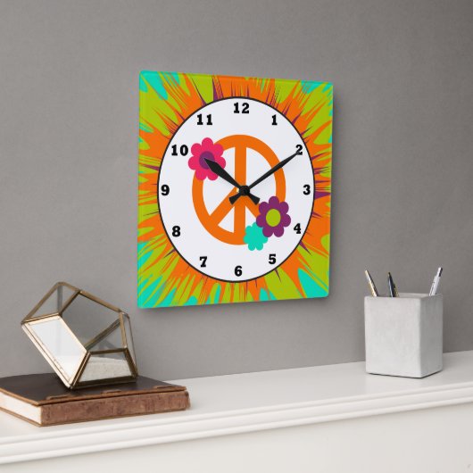 Horloge Carrée Fun Hippie peace sign wall clock (Bureau)