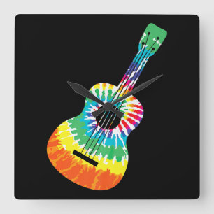 Horloge Carrée Fun Hippie Rainbow Tie Dye Acoustic Guitar Premium