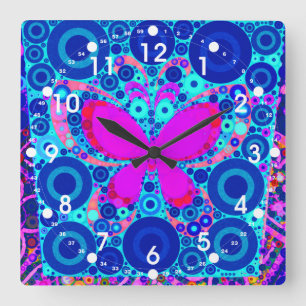 Horloge Carrée Fun Papillon Concentré Cercle Mosaïque Bleu rose