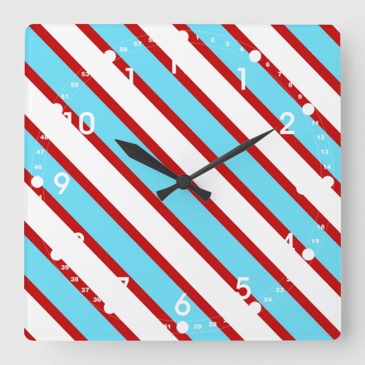 Horloge Carrée Fun Turquoise Blue Red and White Diagonal Stripes (Recto)
