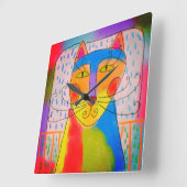 Horloge Carrée Funky Abstrait Cat Art (Angle)