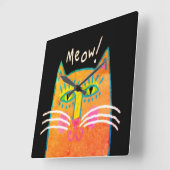 Horloge Carrée Funky Orange Cat Art Abstrait (Angle)