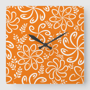 Horloge Carrée Funky orange flowers and leaves Wall Clock