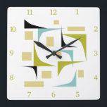 Horloge Carrée Funky Retro Atomique Mi-Siècle Corners Numéros<br><div class="desc">Ajoutez une pop de couleur à votre mur avec cette horloge moderne du milieu du siècle funky! Il présente les couleurs amusantes du bleu aqua,  du vert d'avocat,  du jaune et du noir géométriques,  ainsi que des chiffres verts assortis.</div>