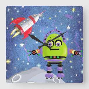 Horloge Carrée Funny Green Robot Wall Clock