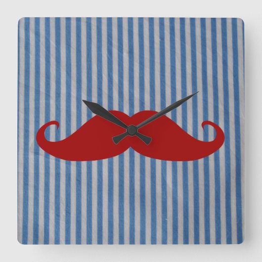 Horloge Carrée Funny Red Mustache and Blue White Stripes (Recto)