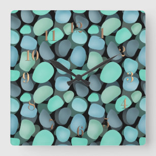 Horloge Carrée Galets de mer bleus et verts