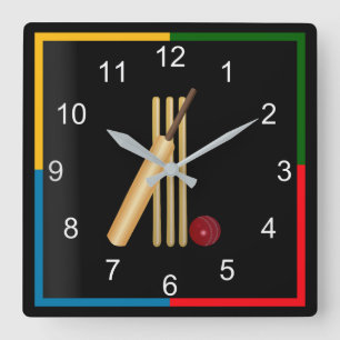 Horloge Carrée Game of Cricket, Wicket, bat and ball