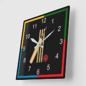 Horloge Carrée Game of Cricket, Wicket, bat and ball (Angle)