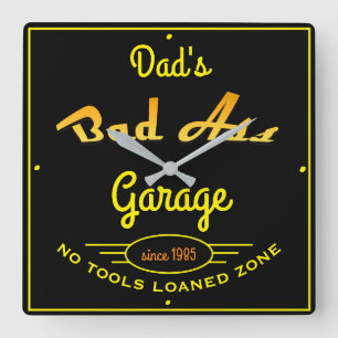Horloge Carrée Garage de papa, noir et jaune, mauvais Garage