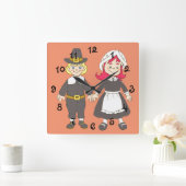 Horloge Carrée Garçon et fille de pèlerin de thanksgiving (Maison)
