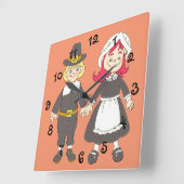 Horloge Carrée Garçon et fille de pèlerin de thanksgiving (Angle)