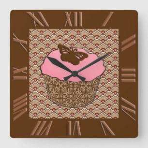 Horloge Carrée Gâteau cupcake glacé rose fraise