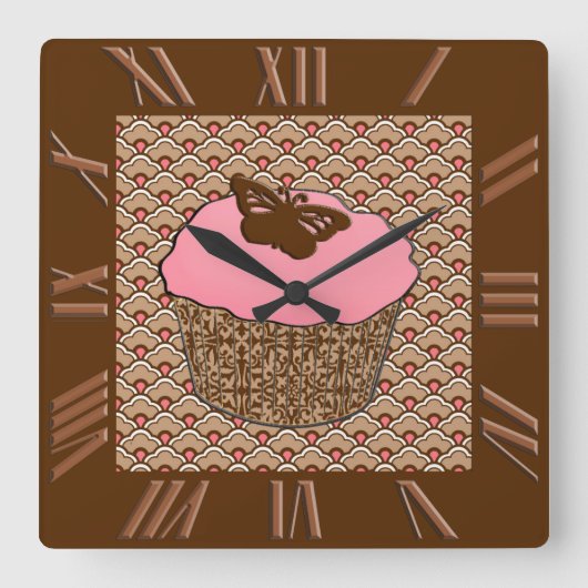Horloge Carrée Gâteau cupcake glacé rose fraise (Recto)