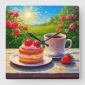 Horloge Carrée Gâteau fraise et café délicieux (Recto)
