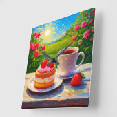 Horloge Carrée Gâteau fraise et café délicieux (Angle)