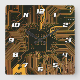 Horloge Carrée Geek Sortie carte circuit électronique orange PCB