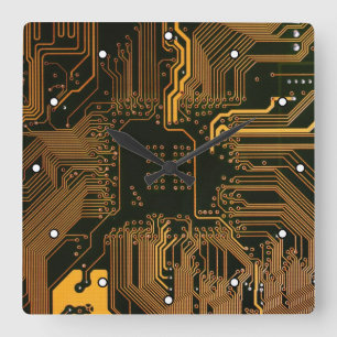 Horloge Carrée Geek Sortie carte circuit électronique orange PCB