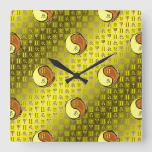 Horloge Carrée Gémeaux & Dragon de Bois