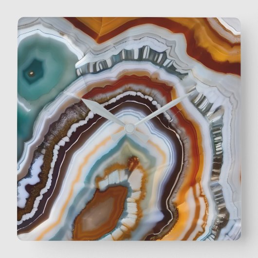 Horloge Carrée Géode d'agate orange terracotta blanc noir bleu (Recto)