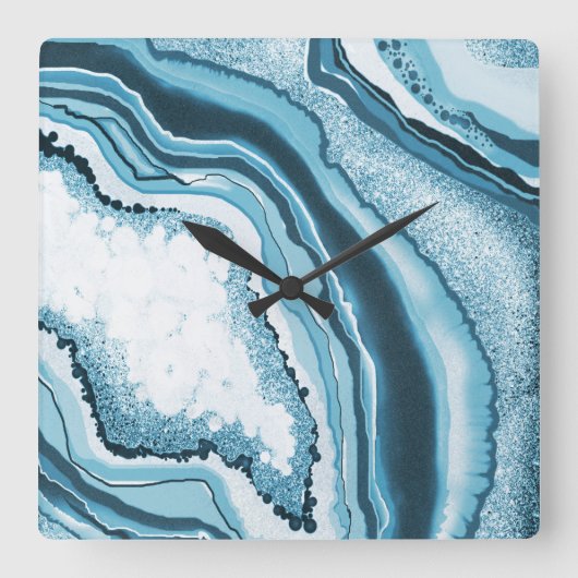 Horloge Carrée Géode moderne Abstraite Agate Bleu Géode (Recto)