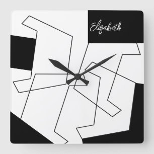 Horloge Carrée Géométrique Monogramme Noir Et Blanc Tendance