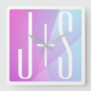 Horloge Carrée Géométrique Rose & Violet Initiales de Couple