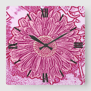 Horloge Carrée Gerbera Daisy Block Imprimer - teintes roses