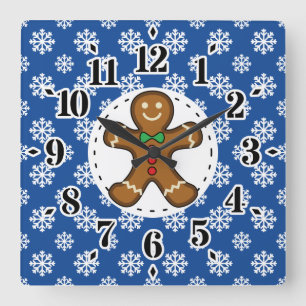Horloge Carrée Gingerbread Man on Blue White Snowflakes