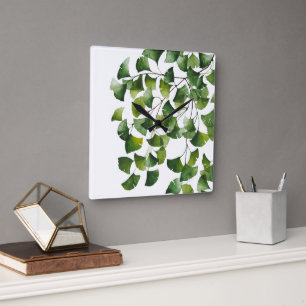Horloge Carrée Ginkgo Biloba vert -