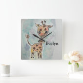 Horloge Carrée Girafe à l'aquarelle Nom dessiné à la main (Maison)