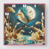 Horloge Carrée Girafe au bord d'une rivière lune (Recto)