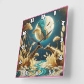 Horloge Carrée Girafe au bord d'une rivière lune (Angle)