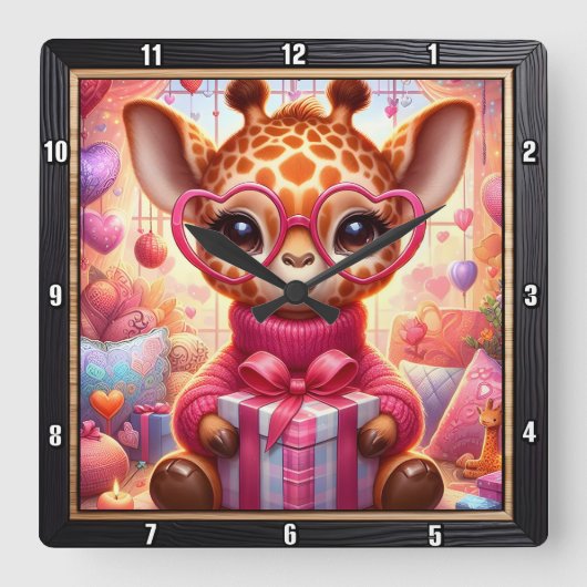 Horloge Carrée Girafe aux Lunettes Roses Saint Valentin (Recto)