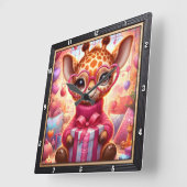 Horloge Carrée Girafe aux Lunettes Roses Saint Valentin (Angle)