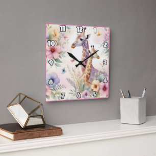 Horloge Carrée Girafe parmi les fleurs africaines vibrantes