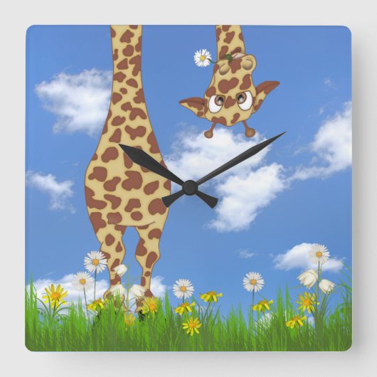 Horloge Carrée Giraffe avec marguerite sur le ciel (Recto)