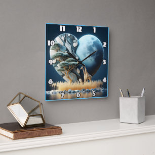 Horloge Carrée Giraffe contemplant un paysage serein en forme de 